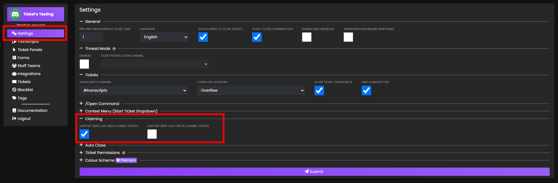 Claim Settings